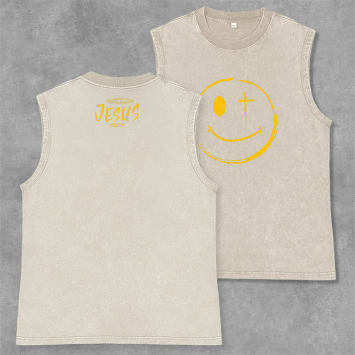Christianartworkshop Canotta unisex con stampa "Jesus Saves" e faccina sorridente - Beige - 2XL - image 21