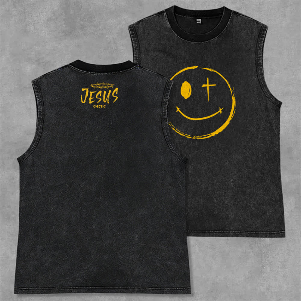 Christianartworkshop Canotta unisex con stampa "Jesus Saves" e faccina sorridente - Nero - 2XL - image 7