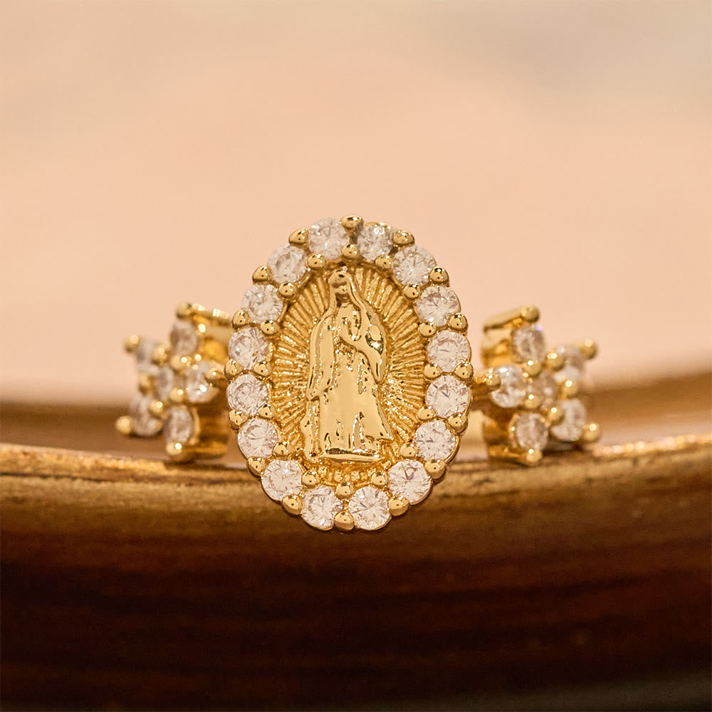 Christianartworkshop Anello dorato della Madonna con doppi dettagli floreali e contorno di zirconi. - Regolabile (dalla taglia US 7 alla US 9) - image 0