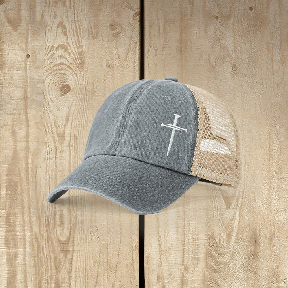 Cappellino da camionista lavato con croce ricamata su chiodi, Christianartworkshop - Grigio - image 4