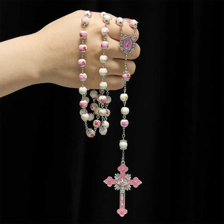 Christianartworkshop Rosario floreale in ceramica con medaglione smaltato della Madonna e crocifisso rosa - image 1