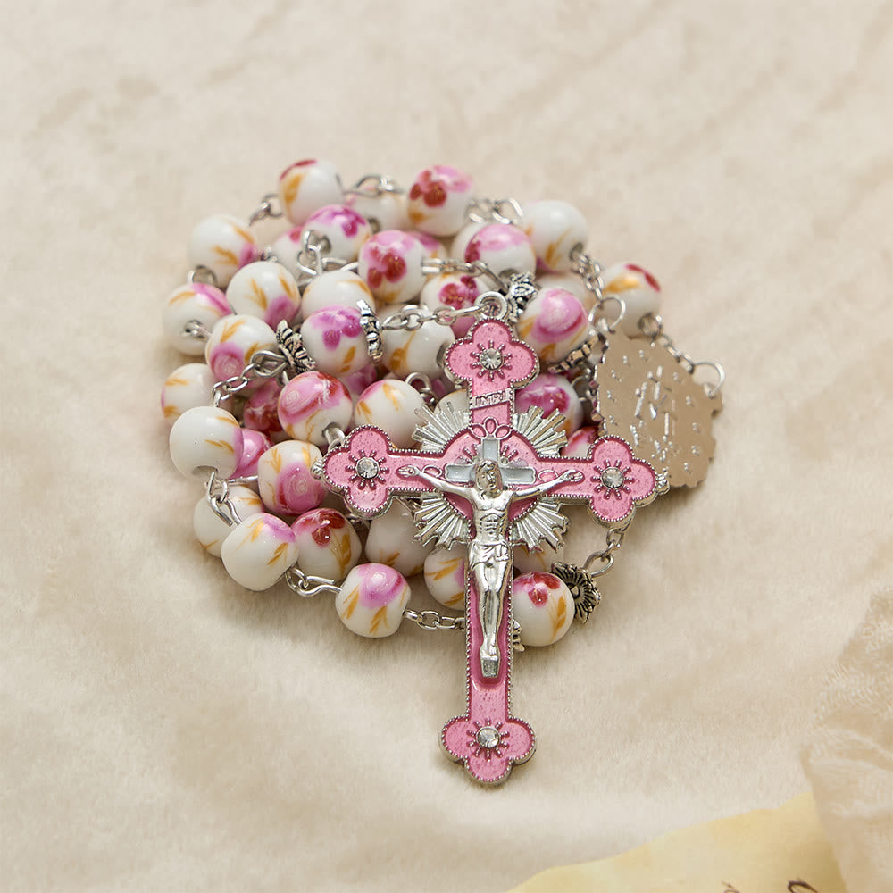 Christianartworkshop Rosario floreale in ceramica con medaglione smaltato della Madonna e crocifisso rosa - image 5