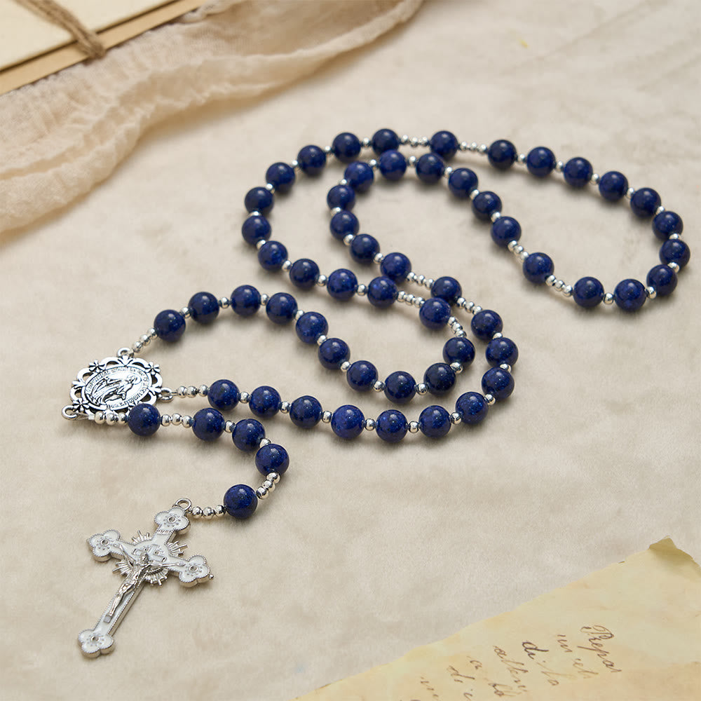 Christianartworkshop Rosario di perle di lapislazzuli con crocifisso inciso: emblema della Divina Sapienza e della Grazia Mariana - image 3