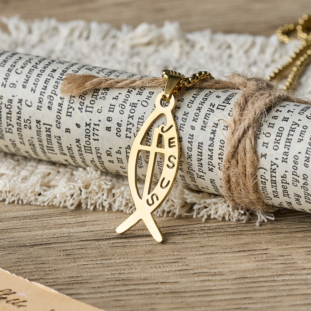 Christianartworkshop Collana moderna con ciondolo a forma di pesce Ichthus di Gesù: simbolo di devozione e forza spirituale. - Oro - image 0