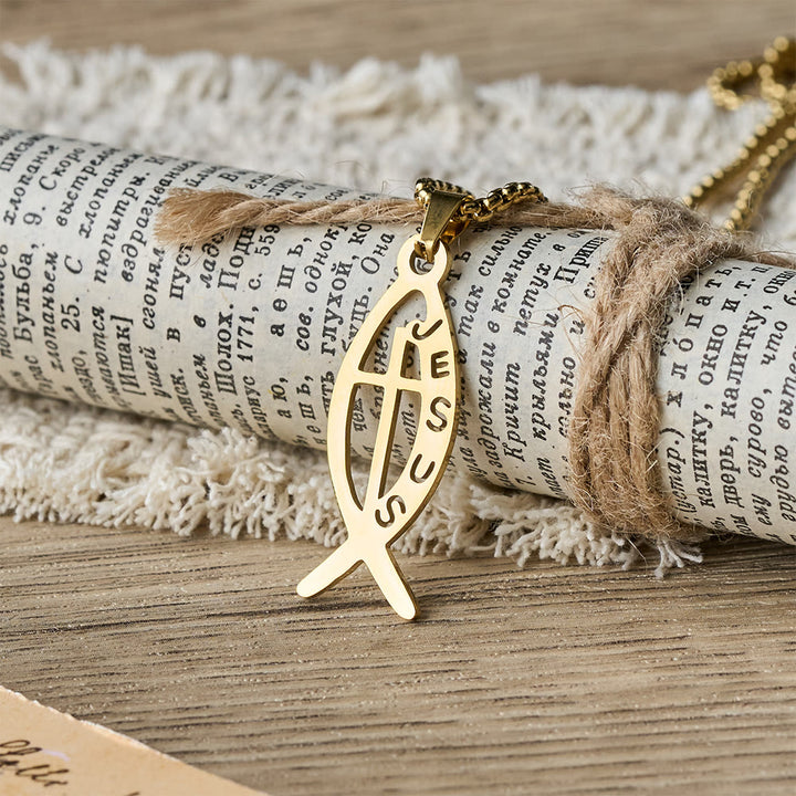 Christianartworkshop Collana moderna con ciondolo a forma di pesce Ichthus di Gesù: simbolo di devozione e forza spirituale. - Oro - image 0