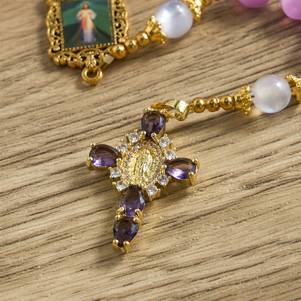Christianartworkshop Rosario con perle viola occhio di gatto e crocifisso decorato: emblema di guida divina e grazia mariana. - image 8