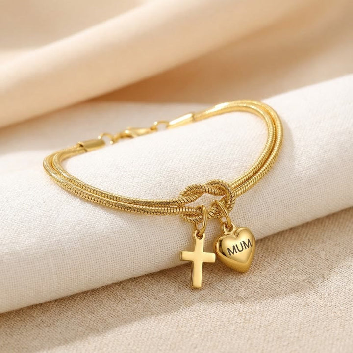 Christianartworkshop Bracciale regolabile con ciondolo a forma di cuore e croce con nodo d'amore: emblema di devozione e grazia divina. - Oro - image 3