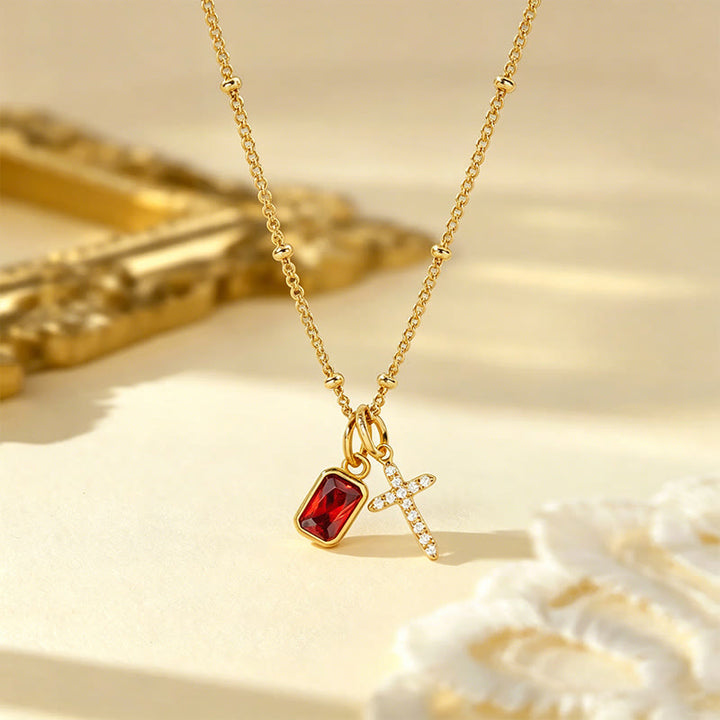 Collana con ciondolo a croce sacra e gemma rettangolare Christianartworkshop : simbolo di grazia divina e devozione. - Gennaio - image 0