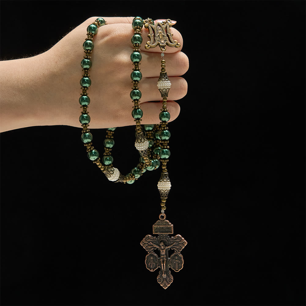 Christianartworkshop Rosario vintage in metallo verde con perle: emblema della Divina Speranza e della Grazia Mariana - image 1