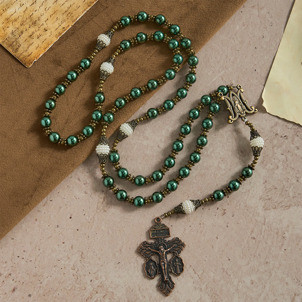 Christianartworkshop Rosario vintage in metallo verde con perle: emblema della Divina Speranza e della Grazia Mariana - Nostra Signora e il Crocifisso - image 0