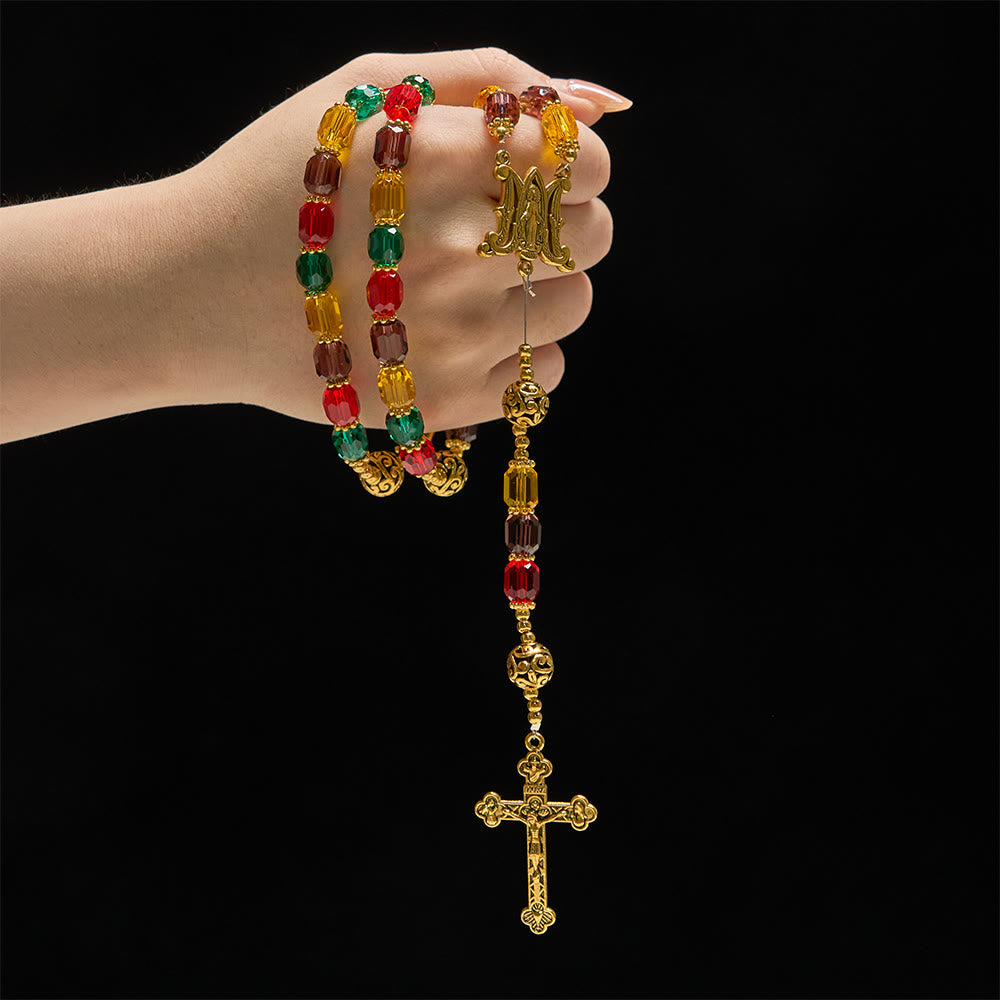 Christianartworkshop Rosario con perle di cristallo cilindriche multicolore: emblema della gioia divina e della diversità. - image 1