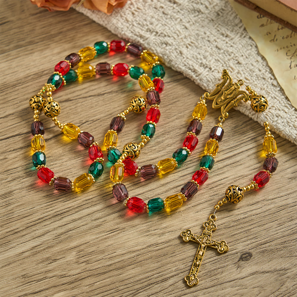 Christianartworkshop Rosario con perle di cristallo cilindriche multicolore: emblema della gioia divina e della diversità. - Nostra Signora e il Crocifisso - image 0