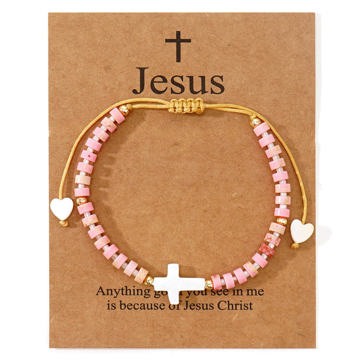 Christianartworkshop Bracciale dell'amicizia con croce cava e perline in pietra naturale: icona di devozione spirituale - Rosa - image 12