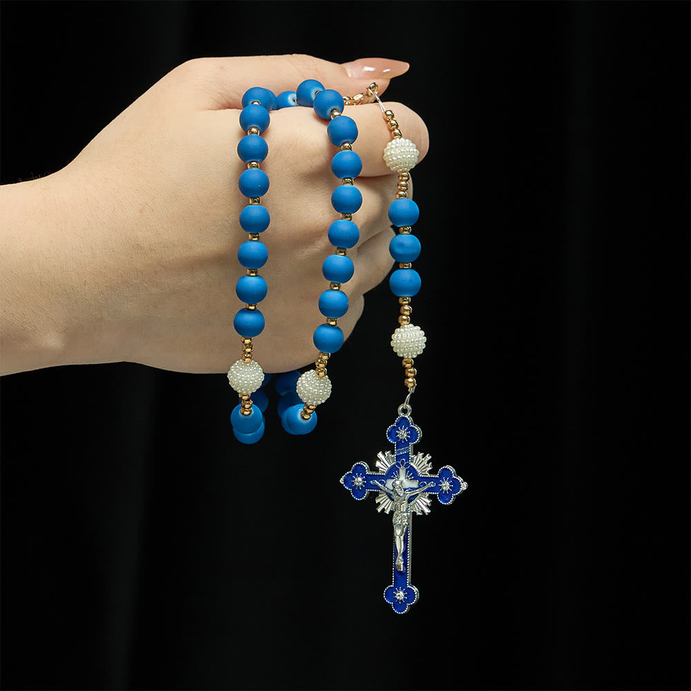 Christianartworkshop Rosario con perline in gomma blu opaca e medaglia della Madonna di Aparecida. - image 1