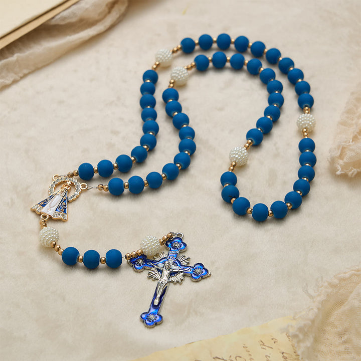 Christianartworkshop Rosario con perline in gomma blu opaca e medaglia della Madonna di Aparecida. - image 2