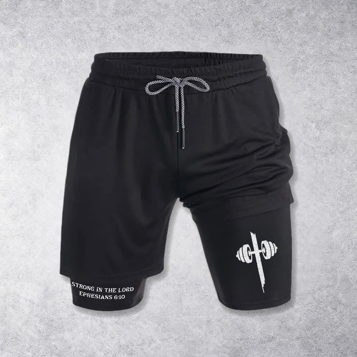 Christianartworkshop Efesini 6:10 Forti nel Signore Pantaloncini da performance con bilanciere e croce - Nero - 3XL - image 9