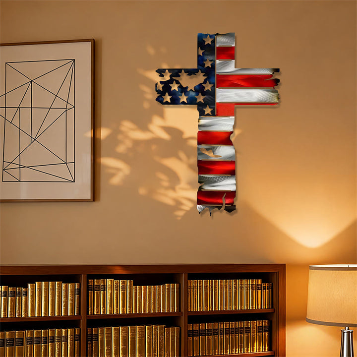 Christianartworkshop Decorazione murale rustica in metallo con croce patriottica e bandiera americana: un simbolo di fede incrollabile. - image 3