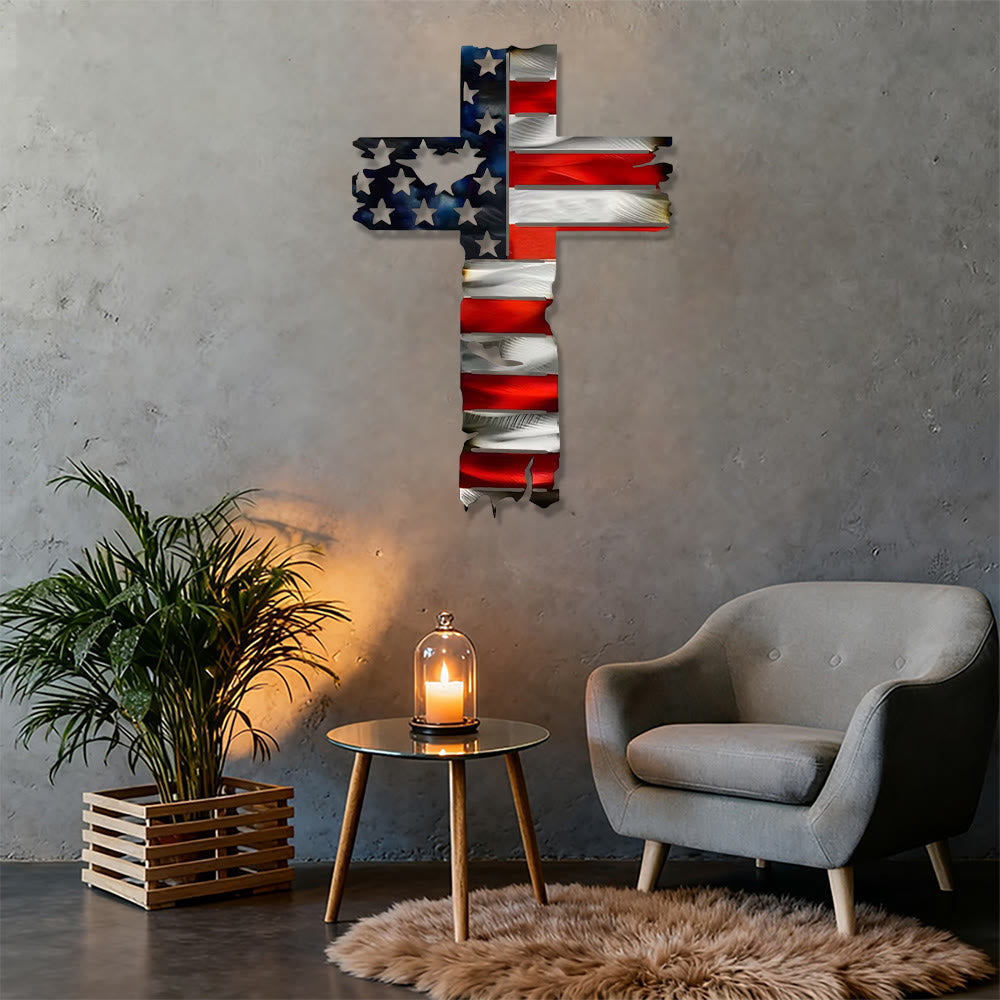 Christianartworkshop Decorazione murale rustica in metallo con croce patriottica e bandiera americana: un simbolo di fede incrollabile. - image 2