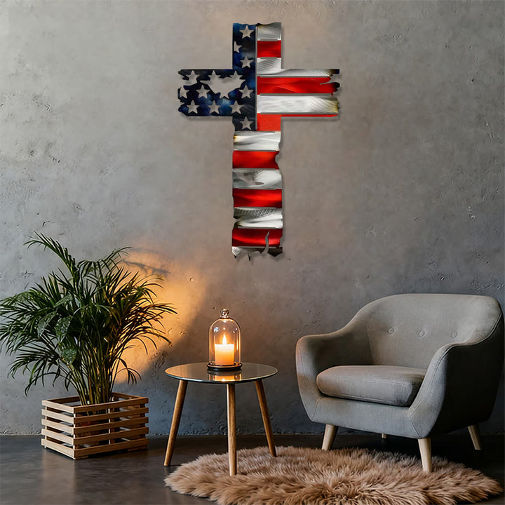 Christianartworkshop Decorazione murale rustica in metallo con croce patriottica e bandiera americana: un simbolo di fede incrollabile. - image 2