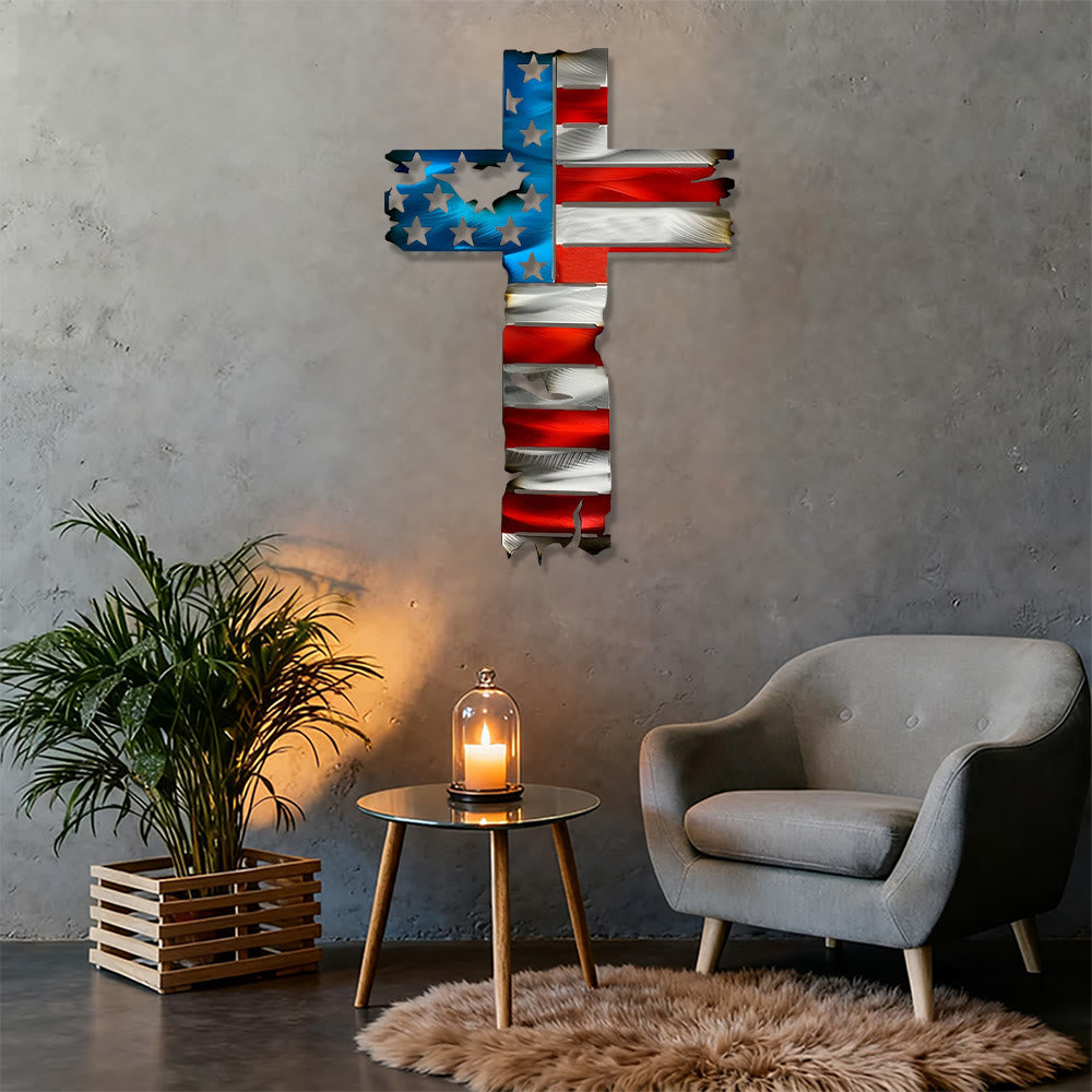Christianartworkshop Decorazione murale rustica in metallo con croce patriottica e bandiera americana: un simbolo di fede incrollabile. - image 4