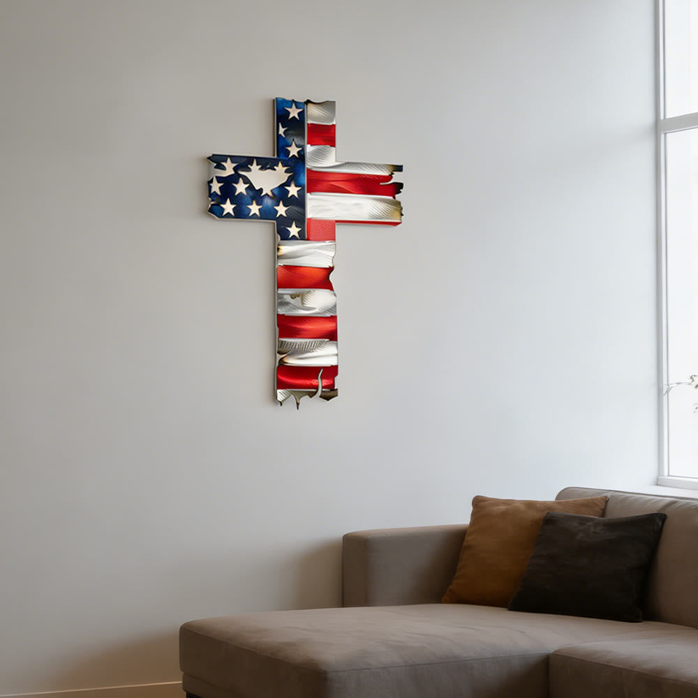 Christianartworkshop Decorazione murale rustica in metallo con croce patriottica e bandiera americana: un simbolo di fede incrollabile. - image 1