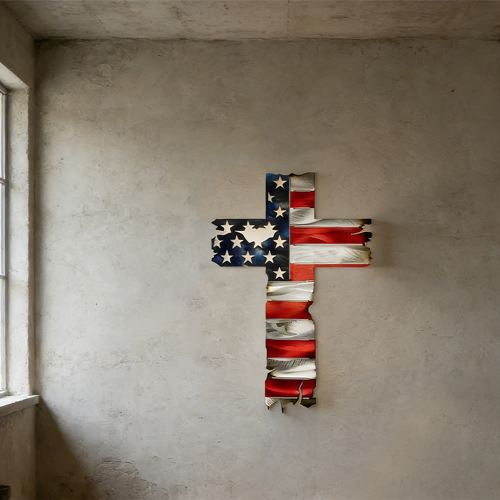 Christianartworkshop Decorazione murale rustica in metallo con croce patriottica e bandiera americana: un simbolo di fede incrollabile. - image 0