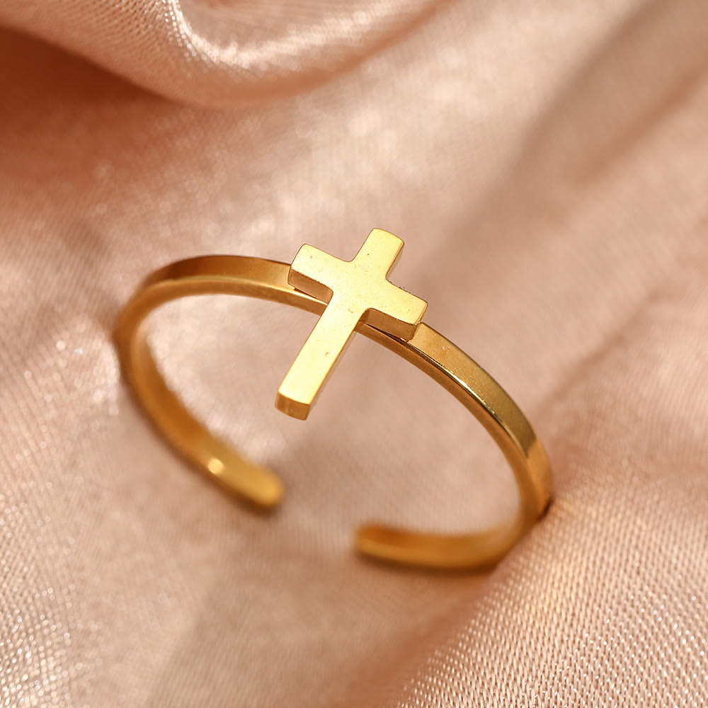 Christianartworkshop Anello a croce minimalista aperto: simbolo di fede devota e grazia spirituale. - Oro - image 0