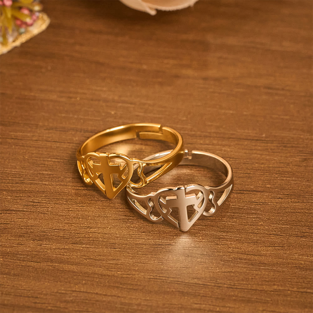 Anello regolabile con croce a cuore senza tempo Christianartworkshop : un dono di grazia e di intercessione divina. - image 1