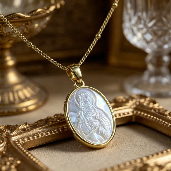 Christianartworkshop Collana con perle bianche naturali raffiguranti il ​​Sacro Cuore, Gesù, la Madonna e San Michele. - Gesù - image 7