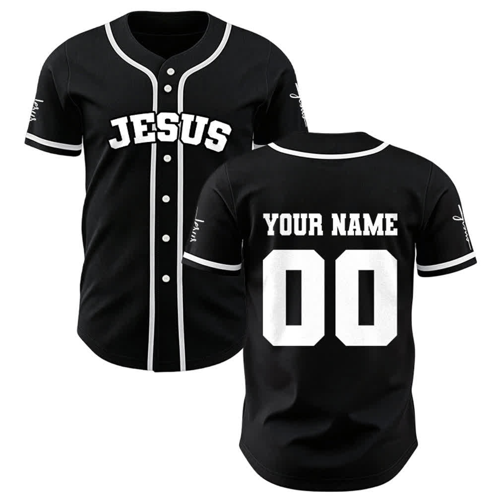 Christianartworkshop Maglia da baseball unisex personalizzata con Gesù Classico Abbigliamento Sportivo Personalizzato - Nero - 5XL - Nome & Numero personalizzati - image 1