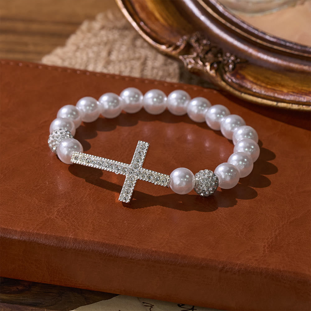 Christianartworkshop Set di braccialetti a croce in due pezzi con perline bianche e nere: emblema di purezza divina e redenzione. - image 5