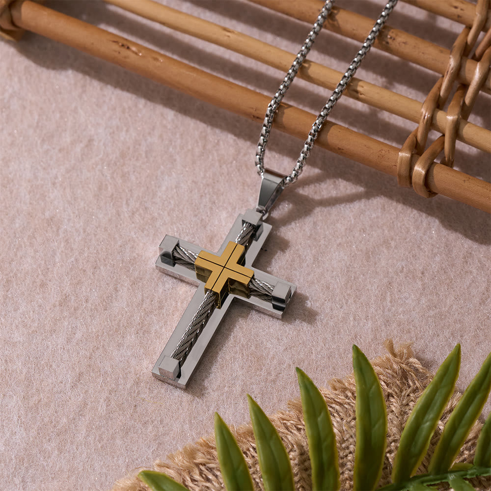 Collana con croce a doppio strato e anima in acciaio intrecciato a tre colori Christianartworkshop : Luce della fede divina in ogni occasione - Oro e argento - image 12