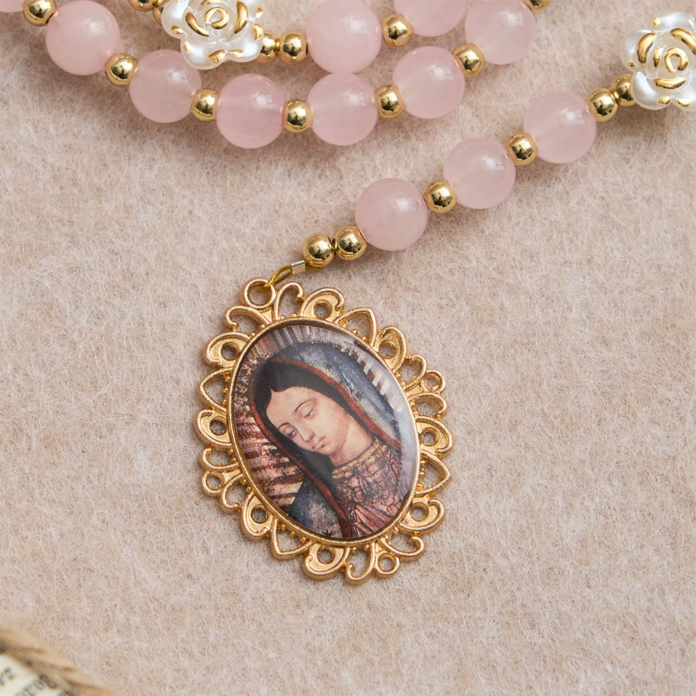 Christianartworkshop Rosario dei Sette Dolori in quarzo rosa con Sacro Cuore: Emblema della Compassione Mariana - image 7