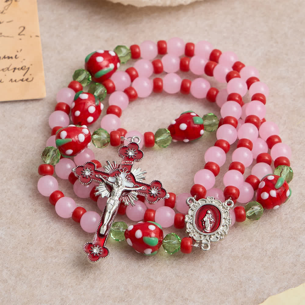Christianartworkshop Rosario devozionale "Sweet Strawberry" con perline di vetro rosa e decorazioni della Madonna. - image 4