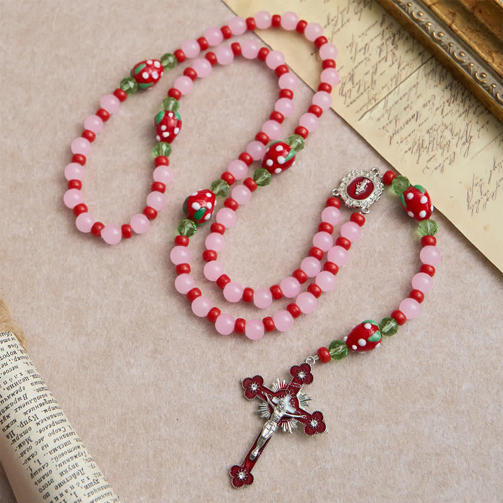 Christianartworkshop Rosario devozionale "Sweet Strawberry" con perline di vetro rosa e decorazioni della Madonna. - image 2