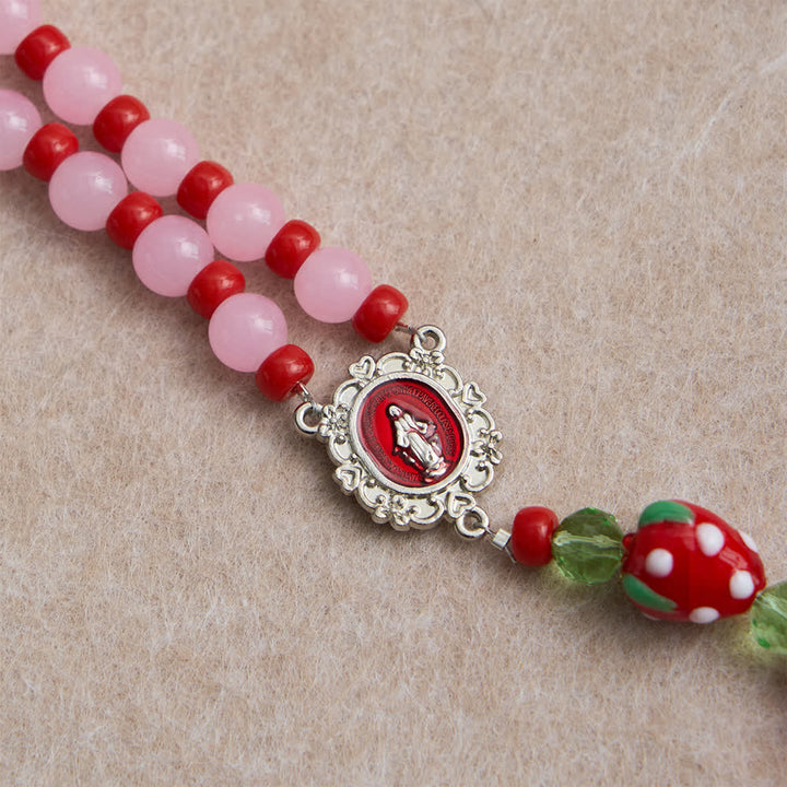 Christianartworkshop Rosario devozionale "Sweet Strawberry" con perline di vetro rosa e decorazioni della Madonna. - image 7