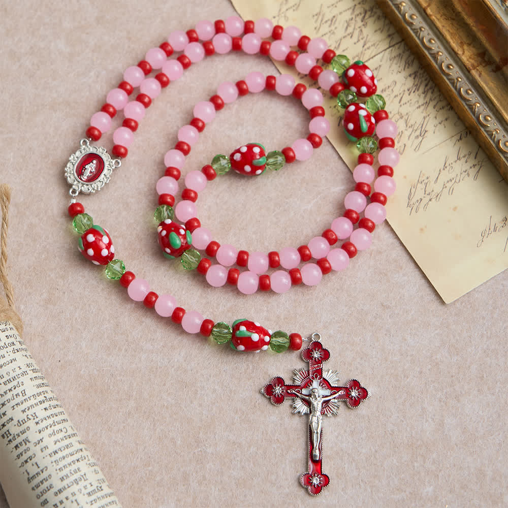 Christianartworkshop Rosario devozionale "Sweet Strawberry" con perline di vetro rosa e decorazioni della Madonna. - Rosario di fragole - image 0