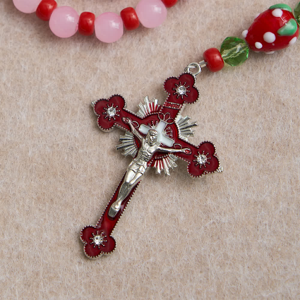 Christianartworkshop Rosario devozionale "Sweet Strawberry" con perline di vetro rosa e decorazioni della Madonna. - image 8