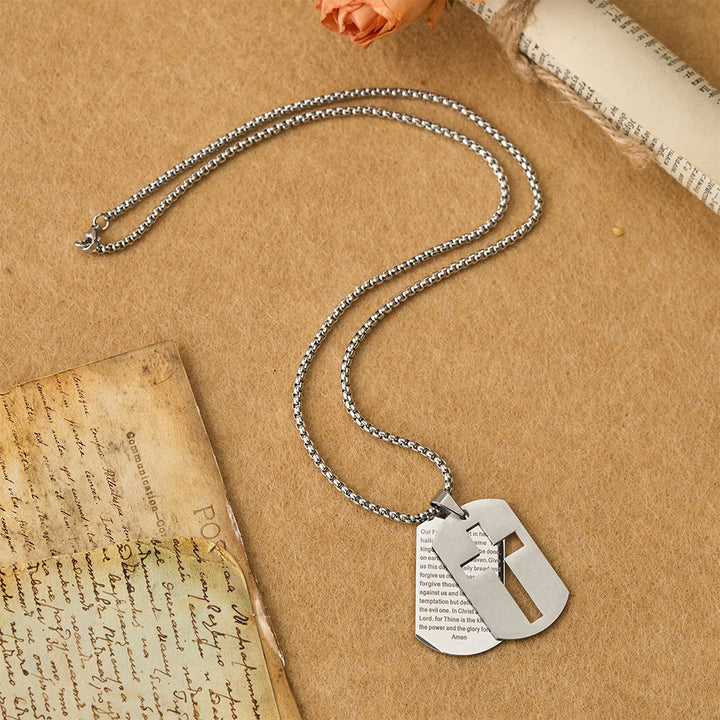 Christianartworkshop Collana con ciondolo a forma di croce con la preghiera del Signore e targhetta militare: emblema di grazia divina e fede. - image 3