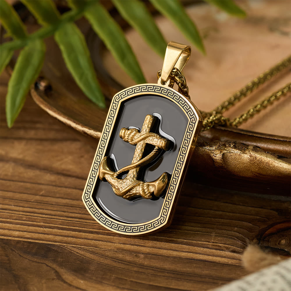 Christianartworkshop Collana con ciondolo a forma di targhetta per cani con croce e ancora greca: emblema di fede e speranza incrollabile - Oro - image 0