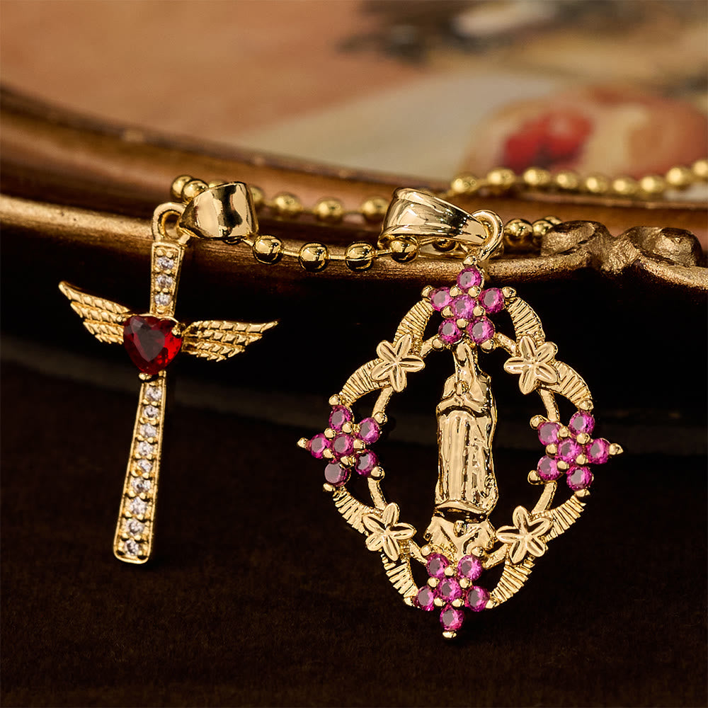 Christianartworkshop Set di collana con la Madonna e la croce alata, riccamente decorata: emblema di protezione spirituale. - Croce Alata Nostra Signora - image 0