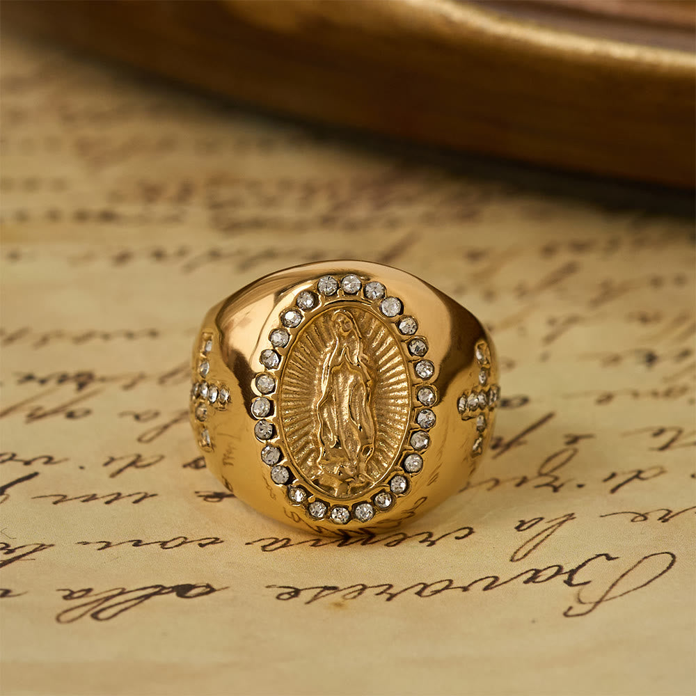 Christianartworkshop Anello con sigillo audace con croce della Madonna: ancora il tuo cuore alla fede mariana. - D'oro - US 14 - image 1