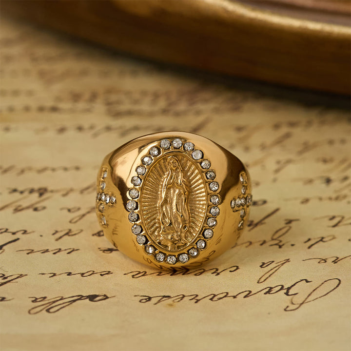 Christianartworkshop Anello con sigillo audace con croce della Madonna: ancora il tuo cuore alla fede mariana. - D'oro - US 14 - image 1