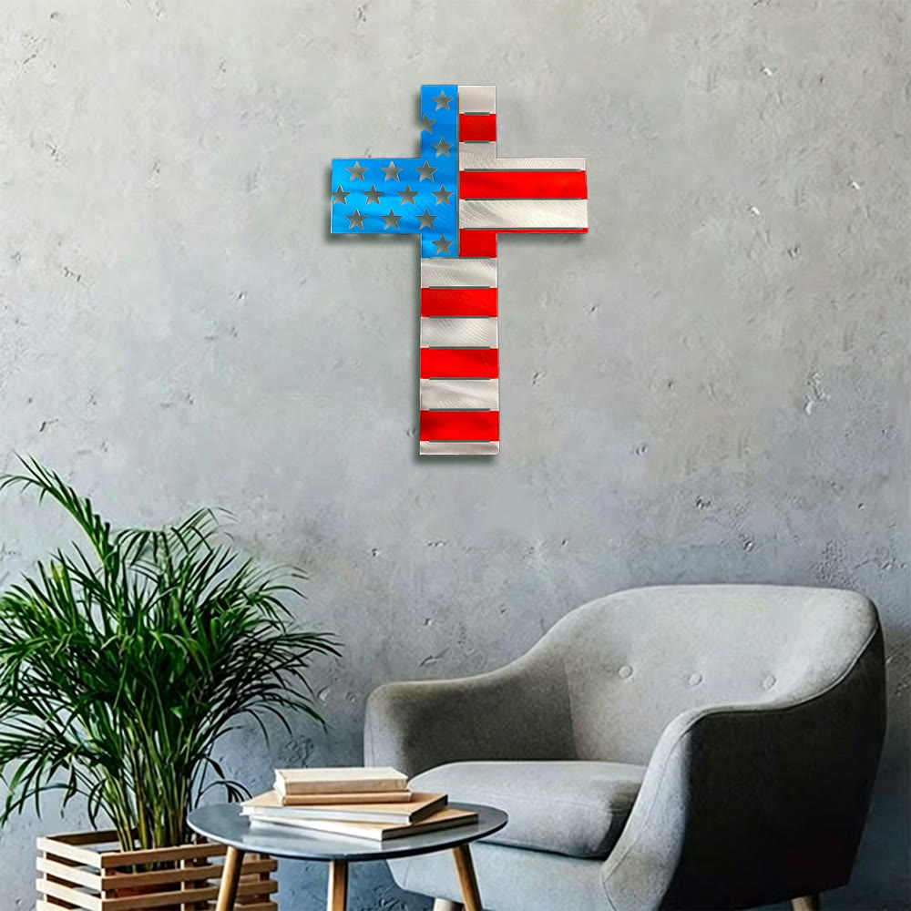 Christianartworkshop Decorazione da parete in metallo a forma di croce con bandiera americana, tagliata con precisione: simbolismo sacro per la casa e per il cuore. - image 1