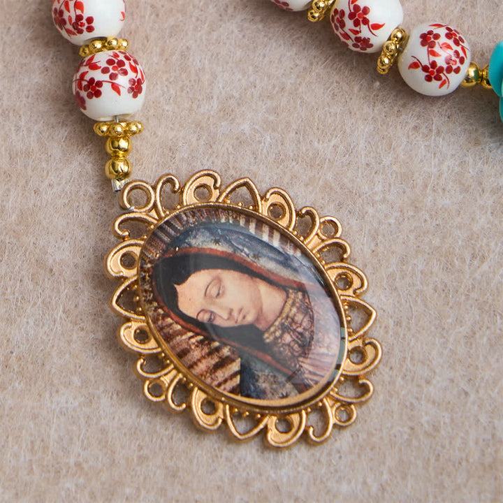 Christianartworkshop Rosario dei Sette Dolori con perline di ceramica rosse e bianche e rosa turchese, con medaglia della Madonna. - image 6