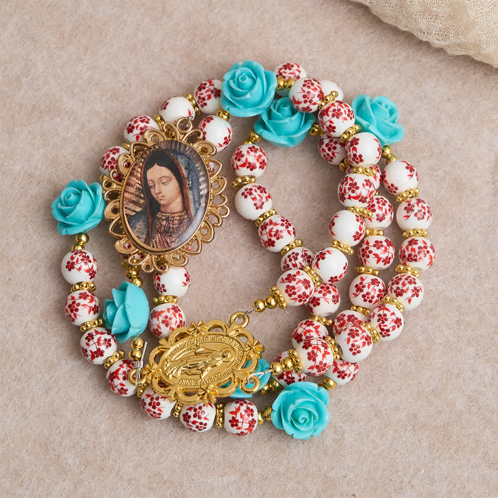 Christianartworkshop Rosario dei Sette Dolori con perline di ceramica rosse e bianche e rosa turchese, con medaglia della Madonna. - image 2