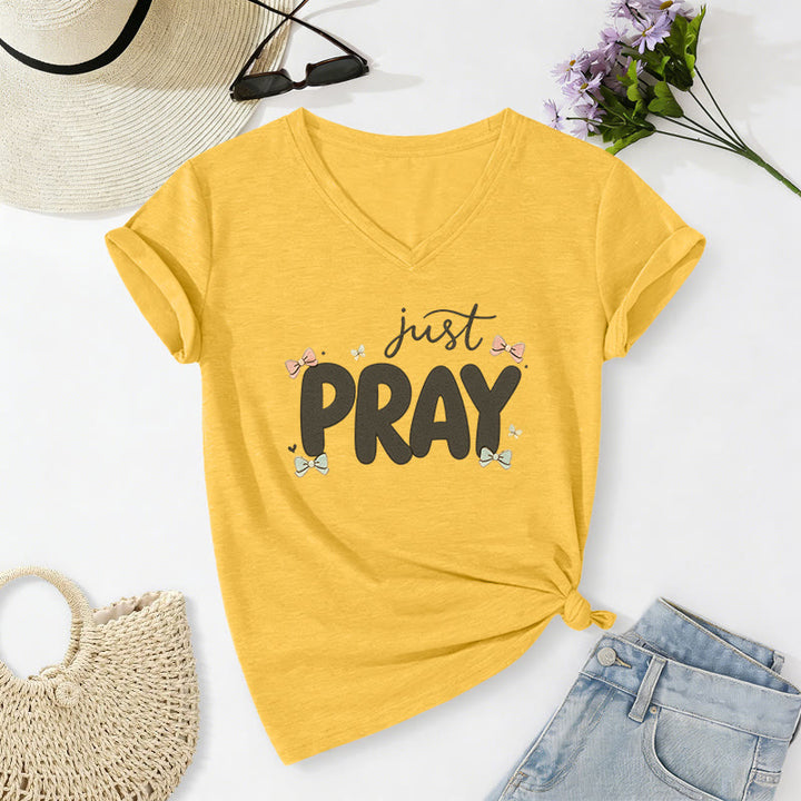 Christianartworkshop Maglietta casual con scollo a V Just PRAY - Giallo - 2XL - image 8