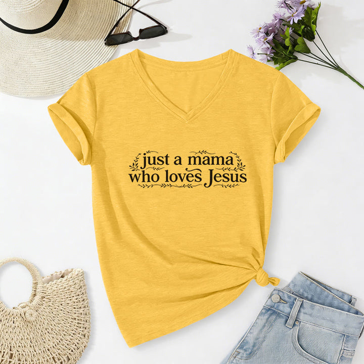 Christianartworkshop Maglietta casual con scollo a V "Just A Mama Who Loves Jesus" - Giallo - 2XL - image 8