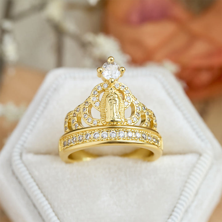 Christianartworkshop Anello con zirconi e corona decorata raffigurante la Madonna: simbolo sacro di grazia celeste. - Corona e Madonna (adatto alle taglie americane 8-10) - image 0