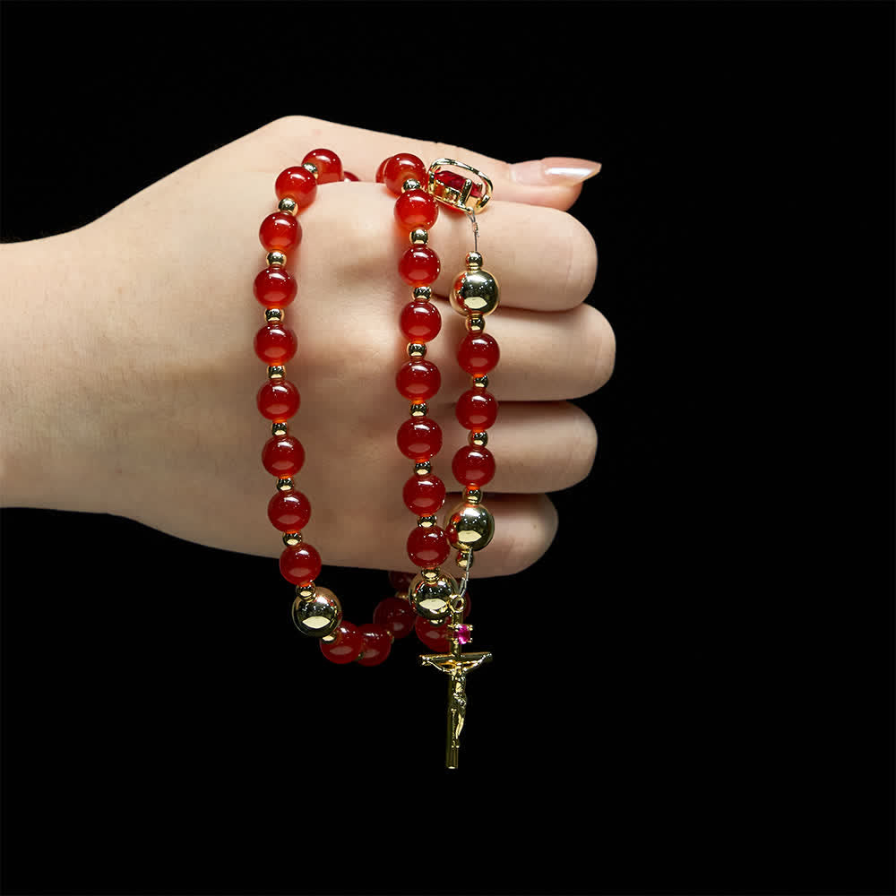 Christianartworkshop Rosario del Sacro Cuore dell'Amore Divino con elegante crocifisso in vetro rosso e oro. - image 1